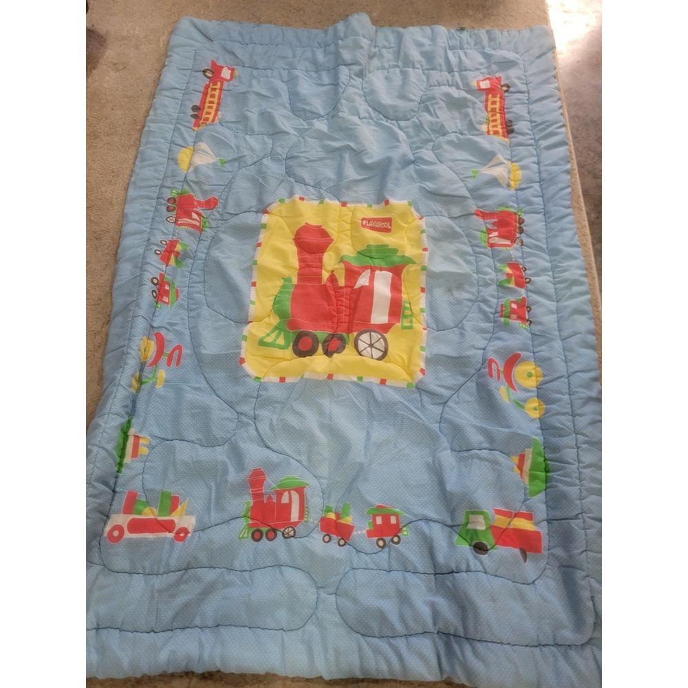 Vintage Playskool Quilted Baby Blanket Train Fire Truck full comforter 53x33